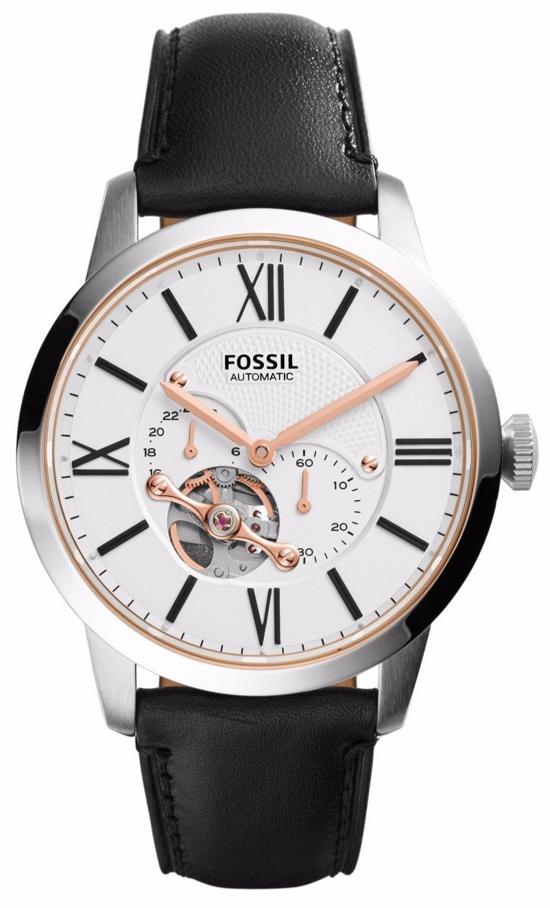 Fossil Townsman Automatic White Dial Black Leather Strap Watch for Men - ME3104