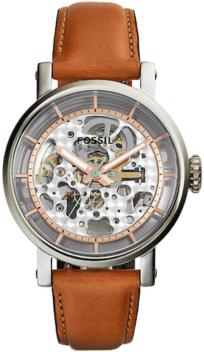 Fossil Boyfriend Automatic Skeleton Silver Dial Brown Leather Strap Watch for Women - ME3109