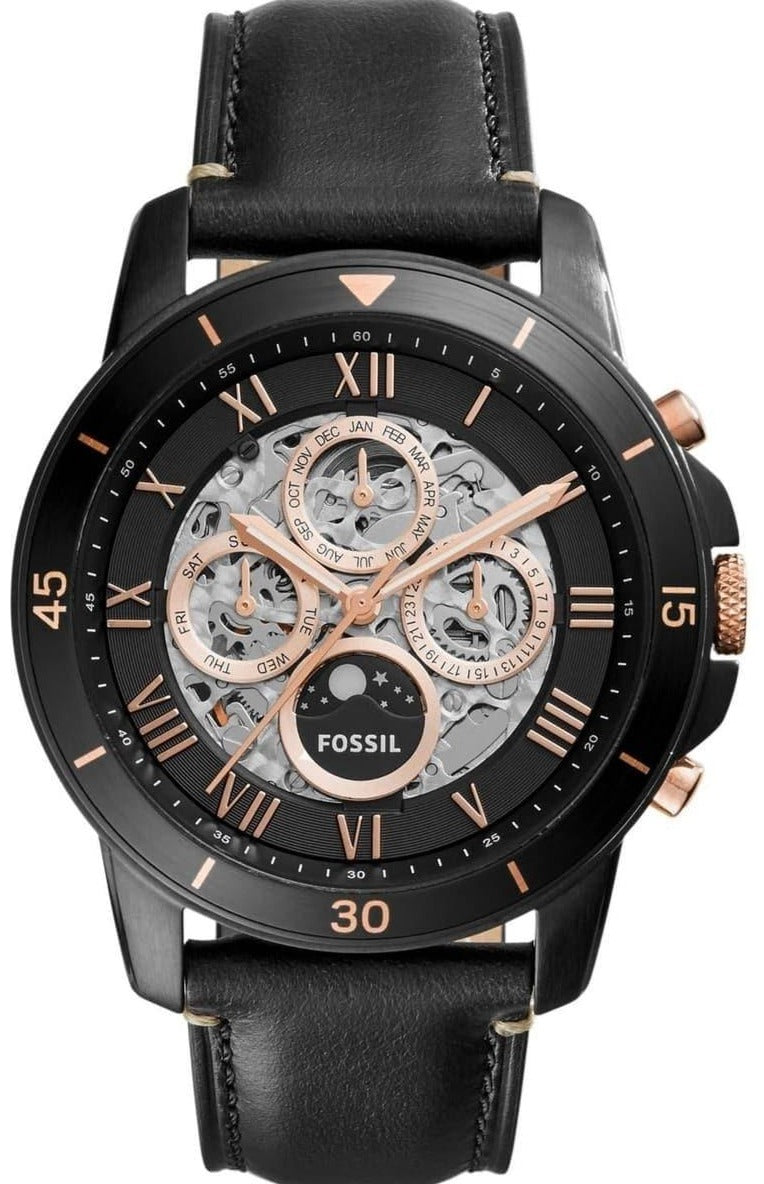 Fossil Grant Sport Automatic Skeleton Black Dial Black Leather Strap Watch for Men - ME3138