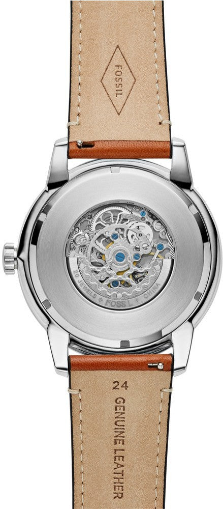 Fossil Townsman Automatic Skeleton Blue Dial Brown Leather Strap Watch for Men - ME3154