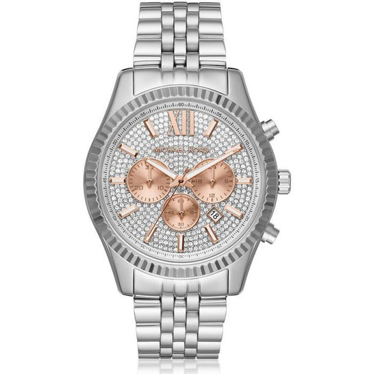 Michael Kors Lexington Chronograph Silver Dial Silver Steel Strap Watch for Men - MK8515