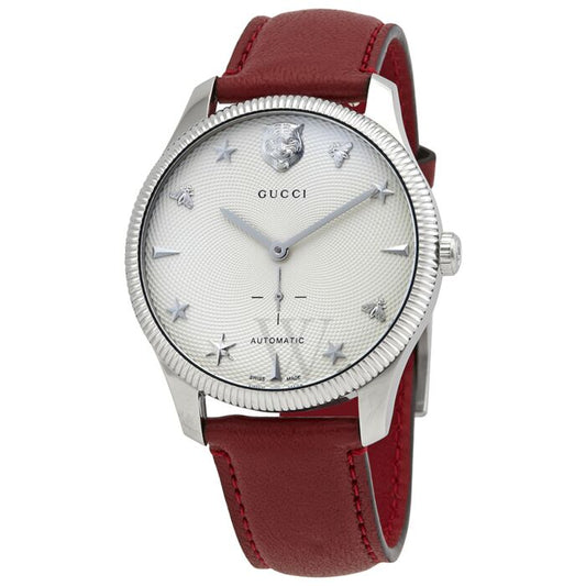 Gucci G Timeless Automatic Silver Dial Red Leather Strap Watch For Men - YA126346