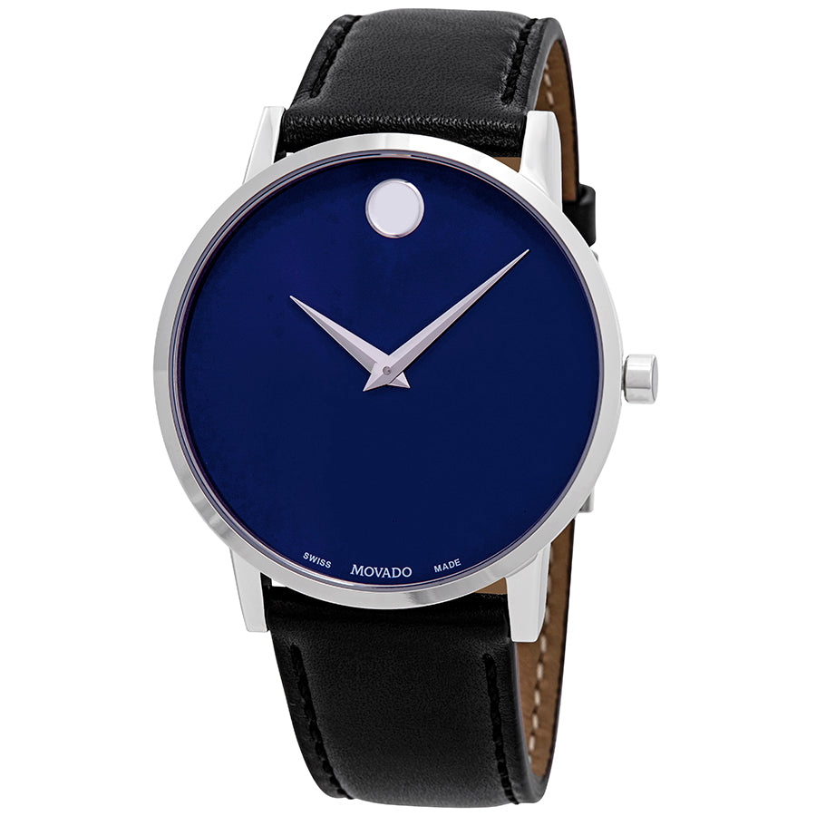 Movado Museum Blue Dial Black Leather Strap Watch For Men - 607013