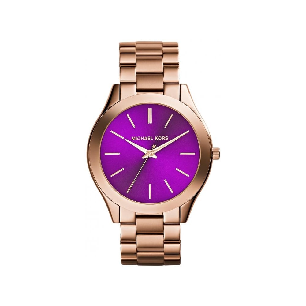 Michael Kors Slim Runway Purple Dial Rose Gold Steel Strap Watch for Women - MK3293