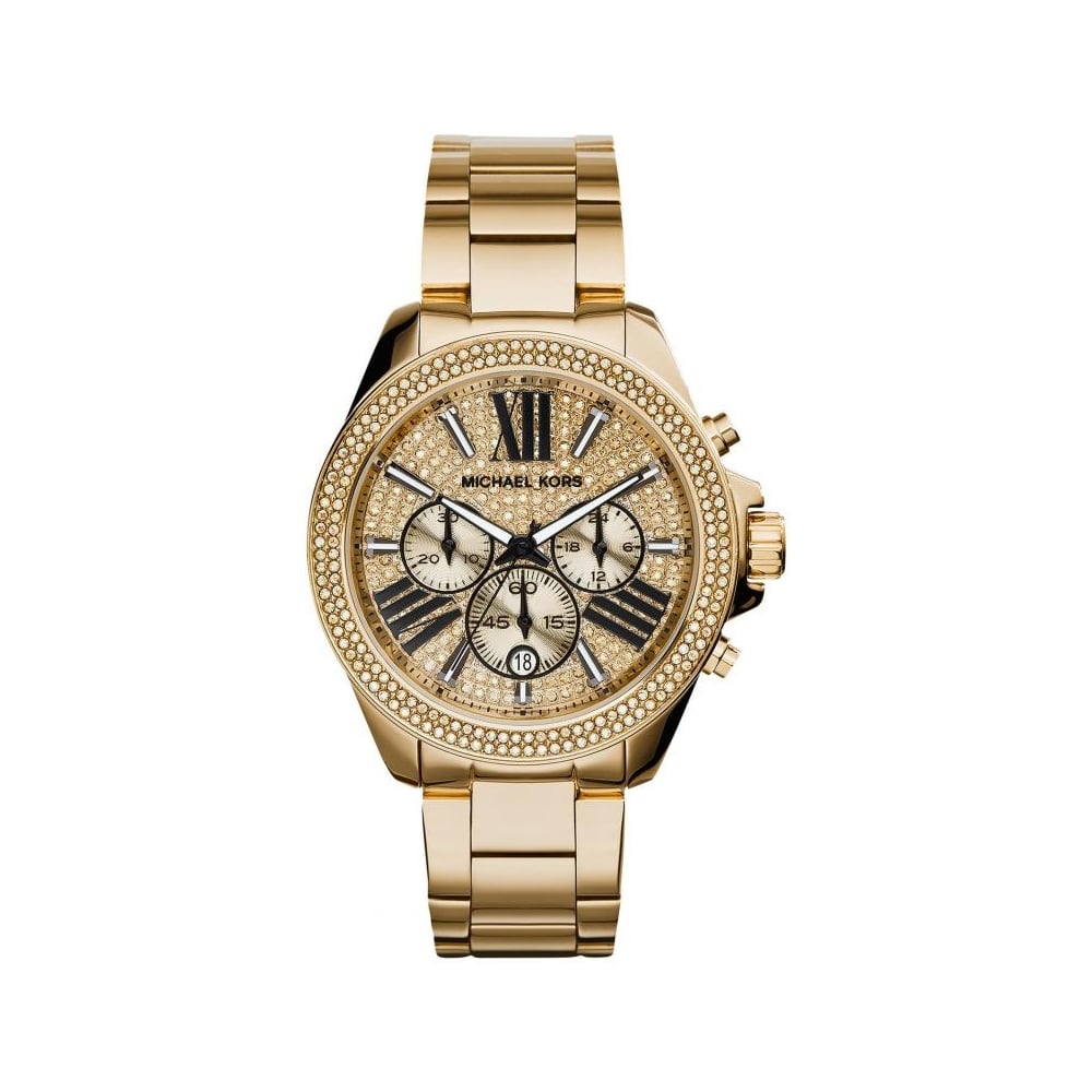 Michael Kors Wren Chronograph Crystal Pave Gold Dial Gold Steel Strap Watch for Women - MK6095