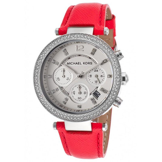 Michael Kors Parker Silver Dial Red Leather Strap Watch for Women - MK2278