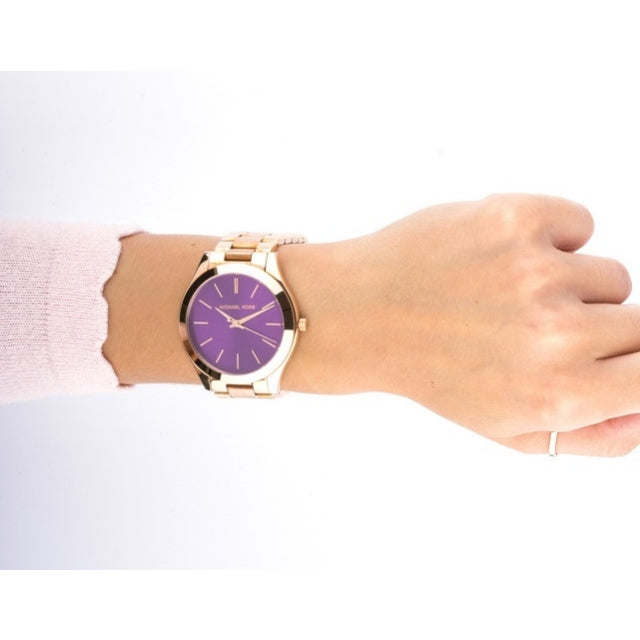 Michael Kors Slim Runway Purple Dial Rose Gold Steel Strap Watch for Women - MK3293