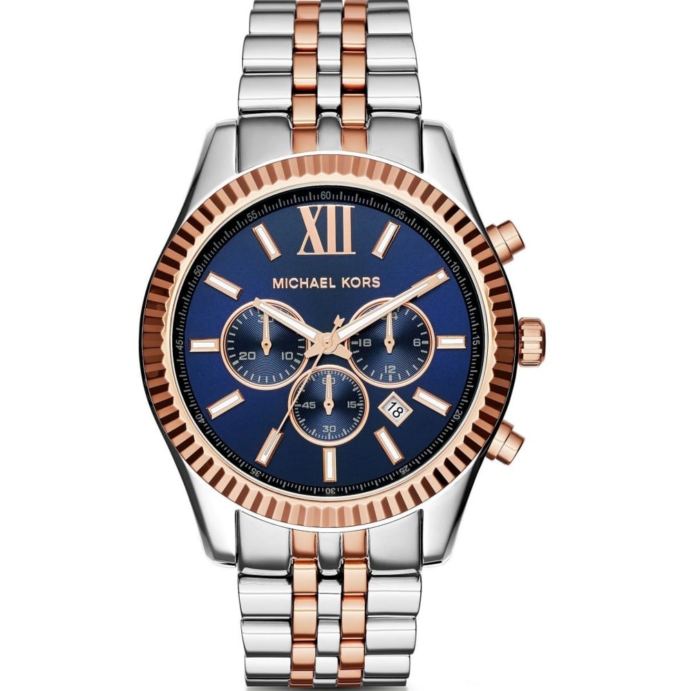 Michael Kors Lexington Blue Dial Two Tone Steel Strap Watch for Men - MK8412