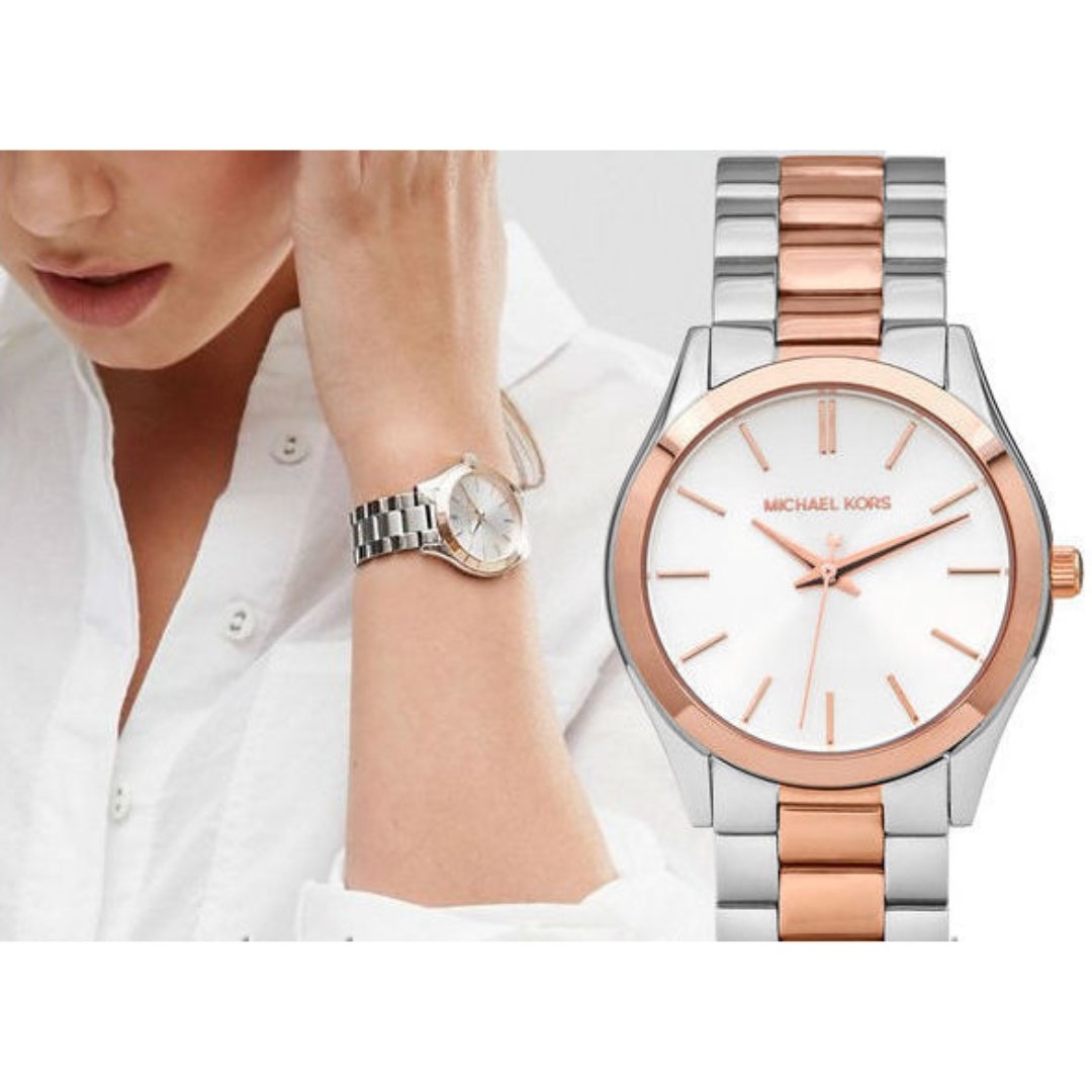 Michael Kors Slim Runway White Dial Two Tone Watch for Women - MK3204B