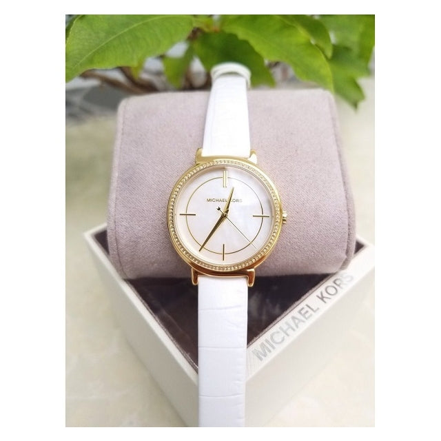 Michael Kors Cinthia Mother of Pearl Dial White Leather Strap Watch for Women - MK2662