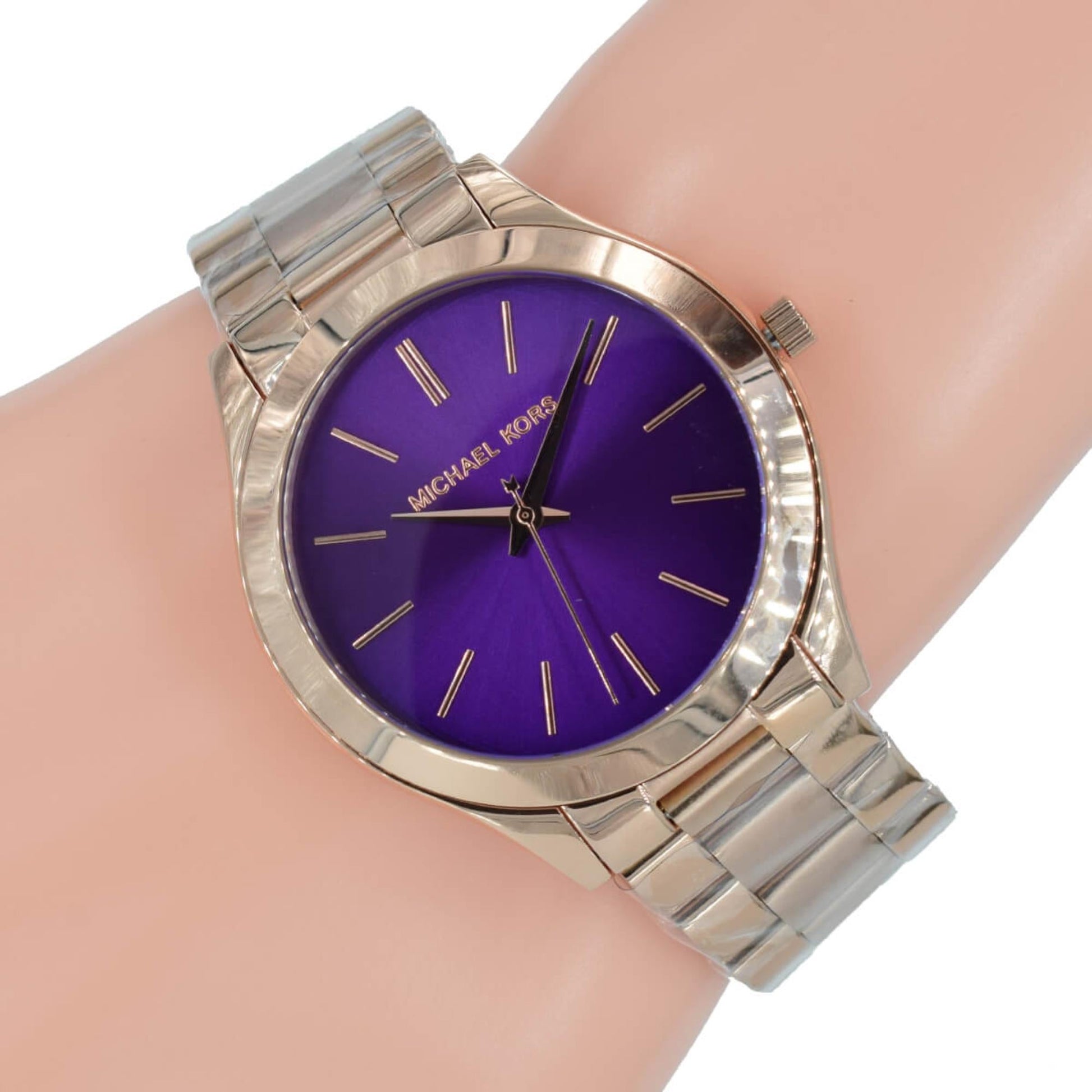 Michael Kors Slim Runway Purple Dial Rose Gold Steel Strap Watch for Women - MK3293