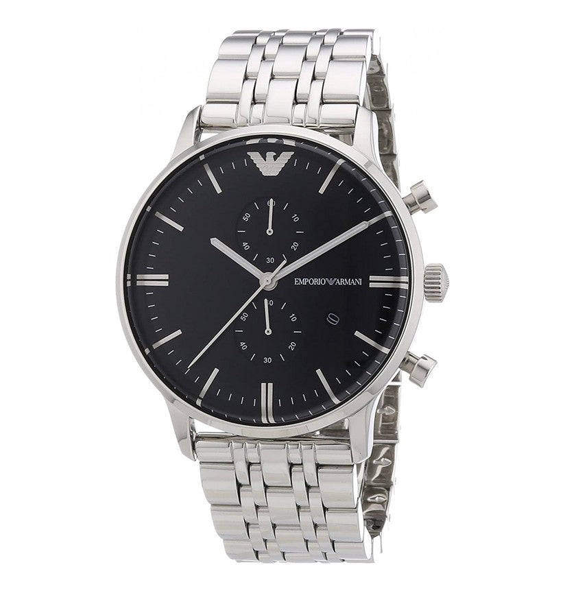 Emporio Armani Classic Chronograph Black Dial Silver Steel Strap Watch For Men - AR0389