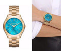 Michael Kors Slim Runway Blue Mother of Pearl Dial Gold Steel Strap Watch for Women - MK3492