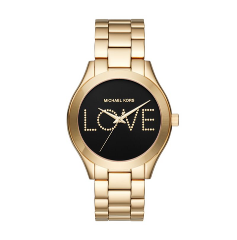 Michael Kors Slim Runway Black Dial Gold Steel Strap Watch for Women - MK3803