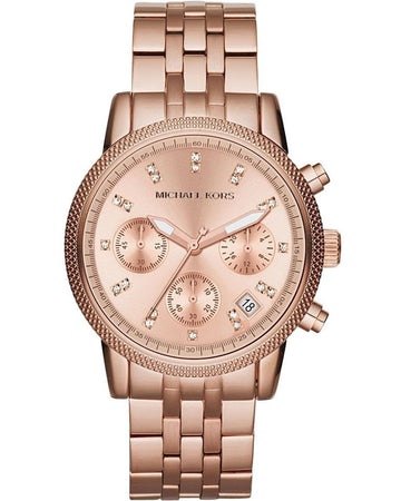 Michael Kors Ritz Chronograph Rose Gold Dial Rose Gold Steel Strap Watch for Women - MK6077