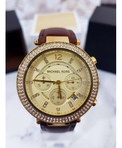 Michael Kors Parker Champagne Dial Brown Leather Strap Watch for Women - MK2249