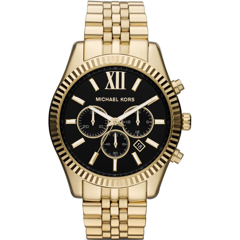 Michael Kors Lexington Chronograph Black Dial Gold Steel Strap Watch for Men - MK8286