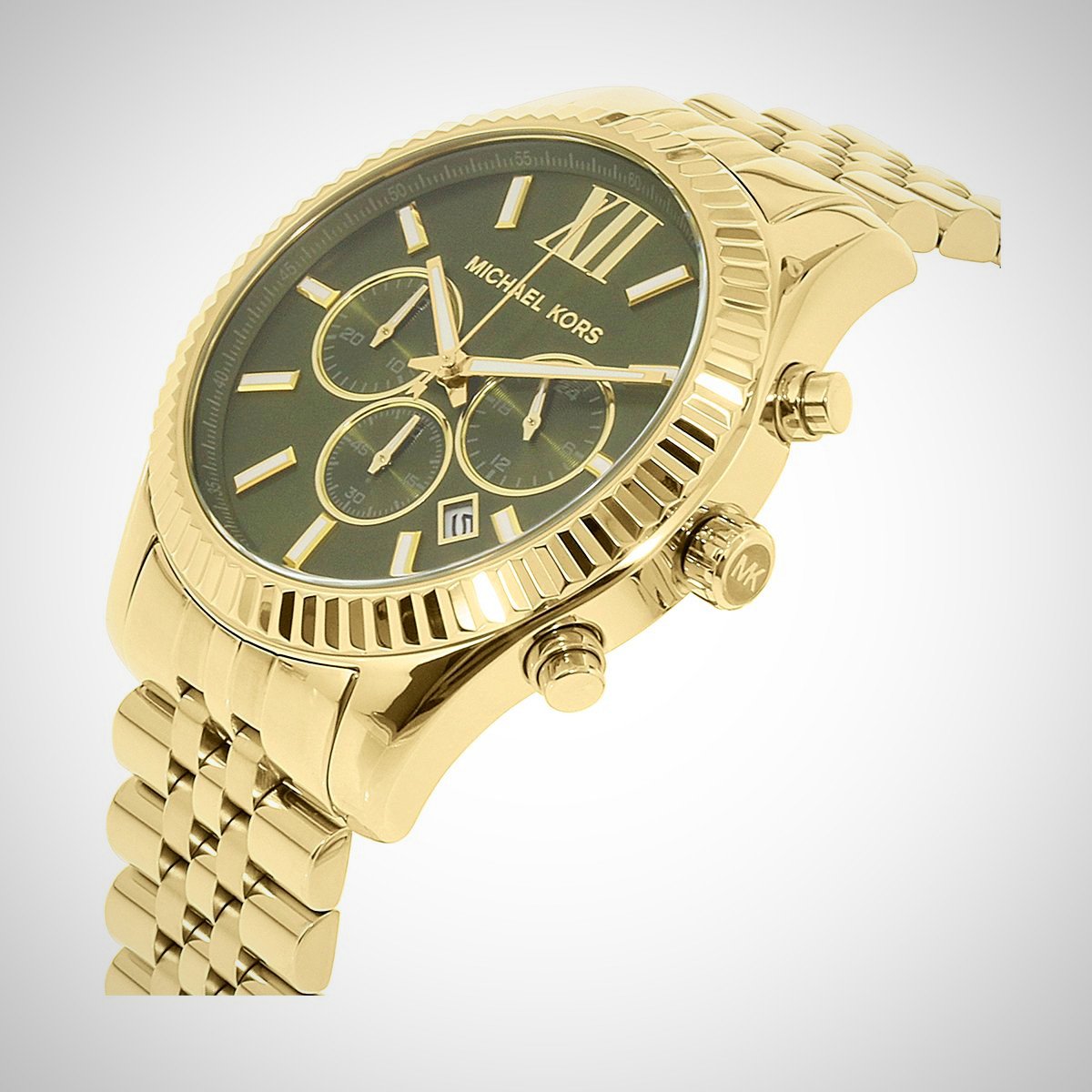 Michael Kors Lexington Chronograph Green Dial Gold Steel Strap Watch for Men - MK8446