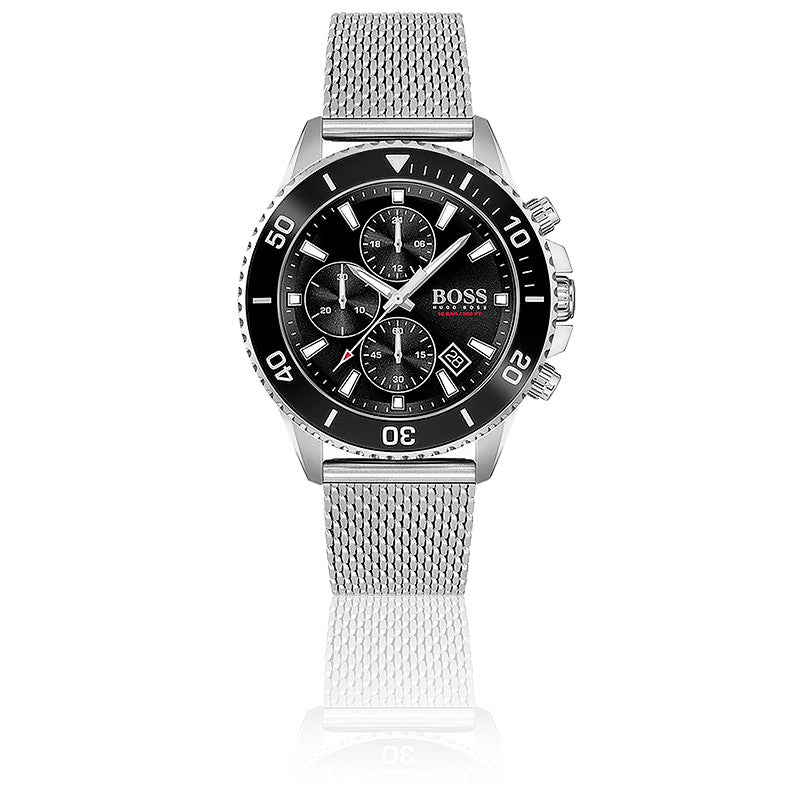 Hugo Boss Admiral Black Dial Silver Mesh Bracelet Watch for Men - 1513904