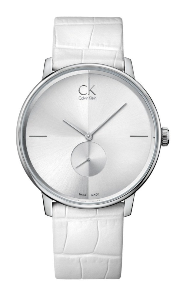 Calvin Klein Accent Silver Dial White Leather Strap Watch for Women - K2Y211K6