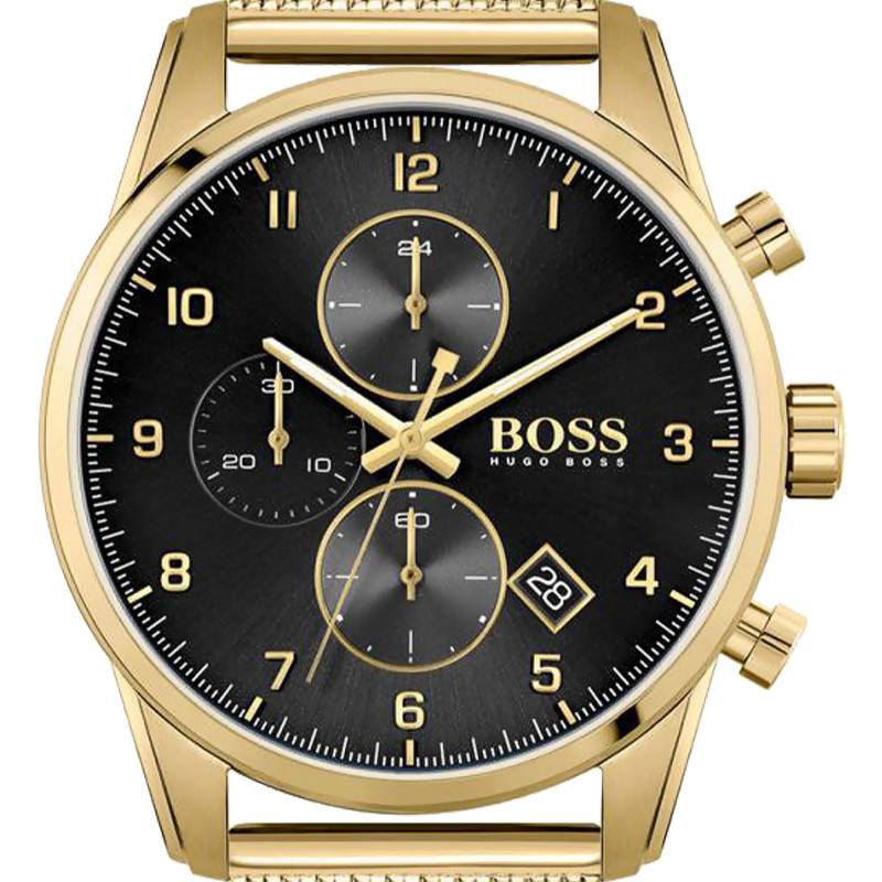 Hugo Boss Skymaster Chronograph Black Dial Gold Mesh Bracelet Watch for Men - 1513838