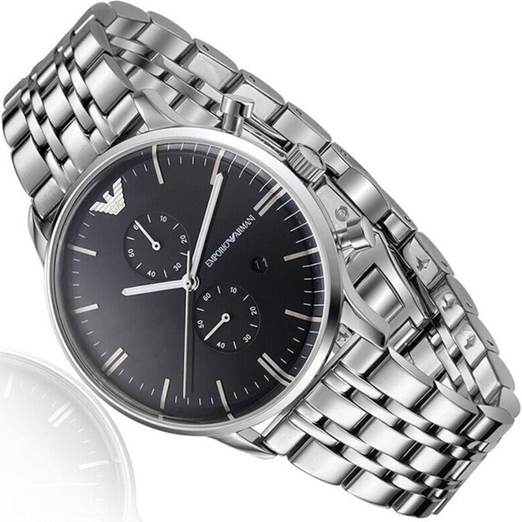 Emporio Armani Gianni Chronograph Black Dial Silver Steel Strap Watch For Men - AR80009