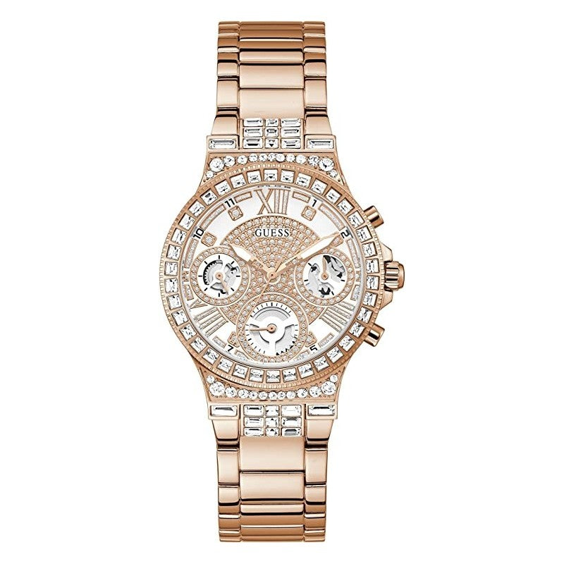 Guess Moonlight Multi Function Diamonds White Dial Rose Gold Steel Strap Watch for Women - GW0320L3