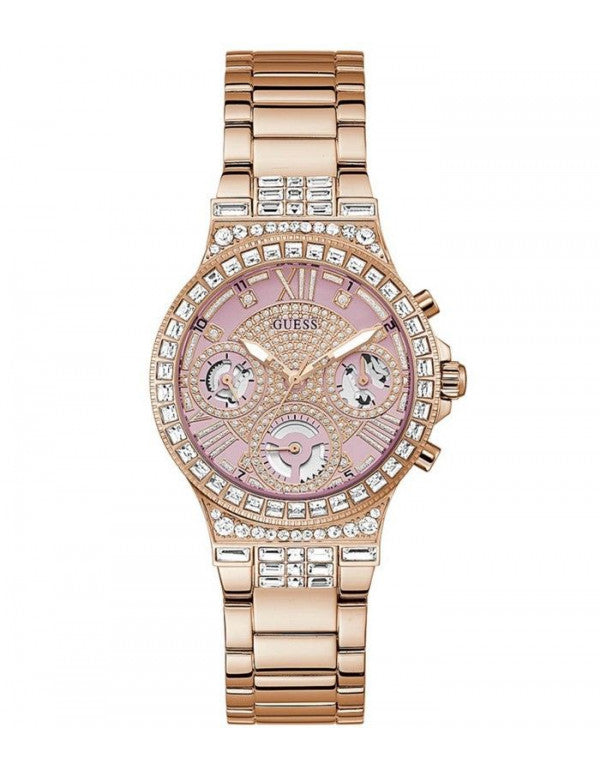 Guess Glitz Multi Function Diamonds Pink Dial Rose Gold Steel Strap Watch for Women - GW0320L6