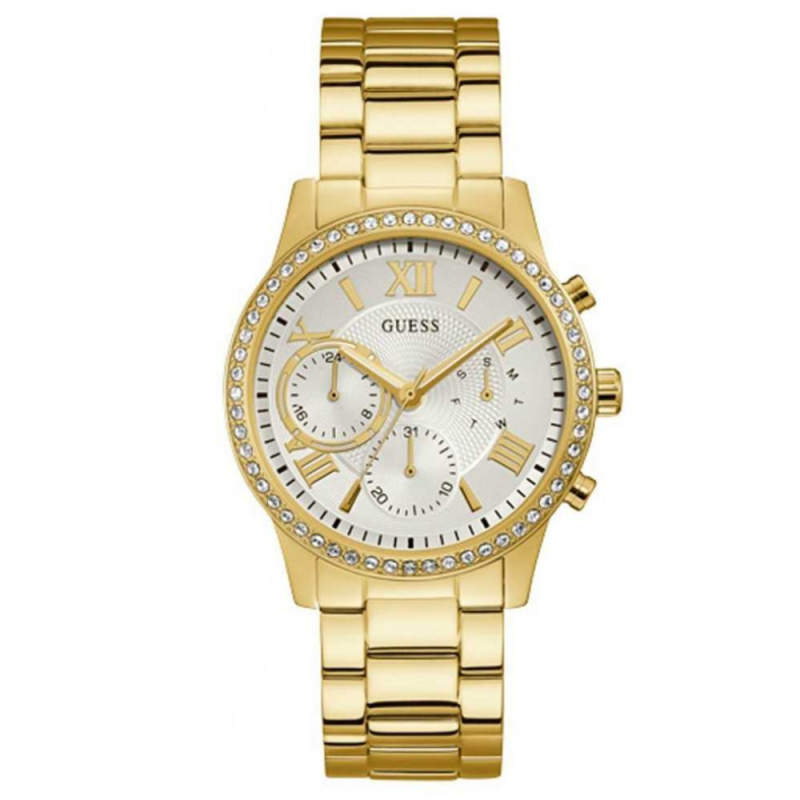 Guess Solar Chronograph Diamonds White Dial Gold Steel Strap Watch for Women - W1069L2