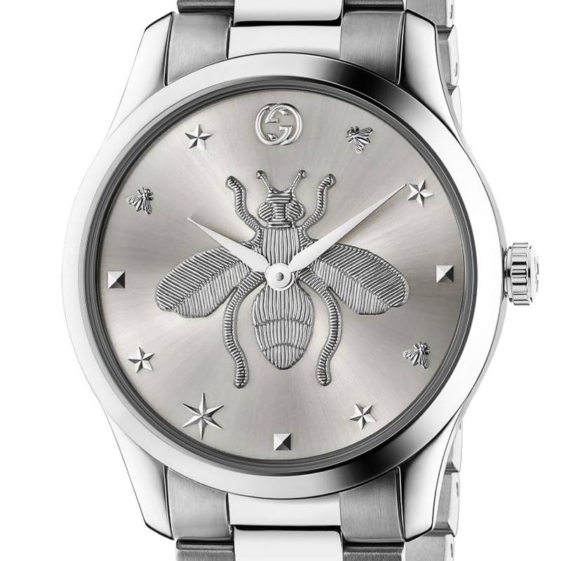 Gucci G Timeless Bee Motif Silver Dial Silver Steel Strap Watch For Women - YA1264126