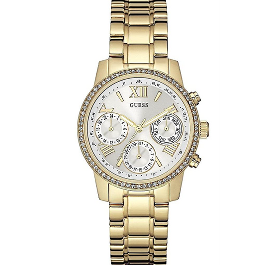 Guess Mini Sunrise Diamonds Silver Dial Gold Steel Strap Watch for Women - W0623L3