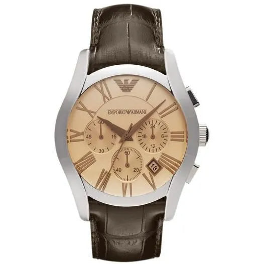 Emporio Armani Valente Chronograph Amber Dial Brown Leather Strap Watch For Men - AR1634