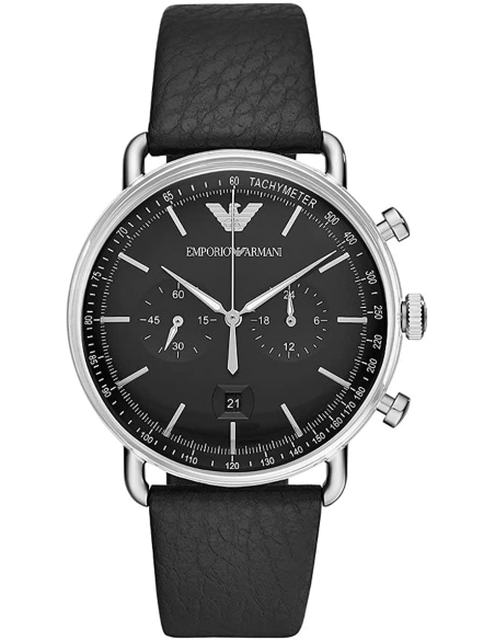 Emporio Armani Aviator Chronograph Black Dial Black Leather Strap Watch For Men - AR11143