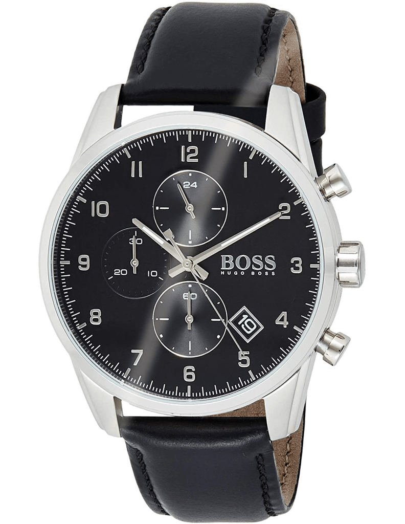 Hugo Boss Skymaster Chronograph Black Dial Black Leather Strap Watch for Men - 1513782