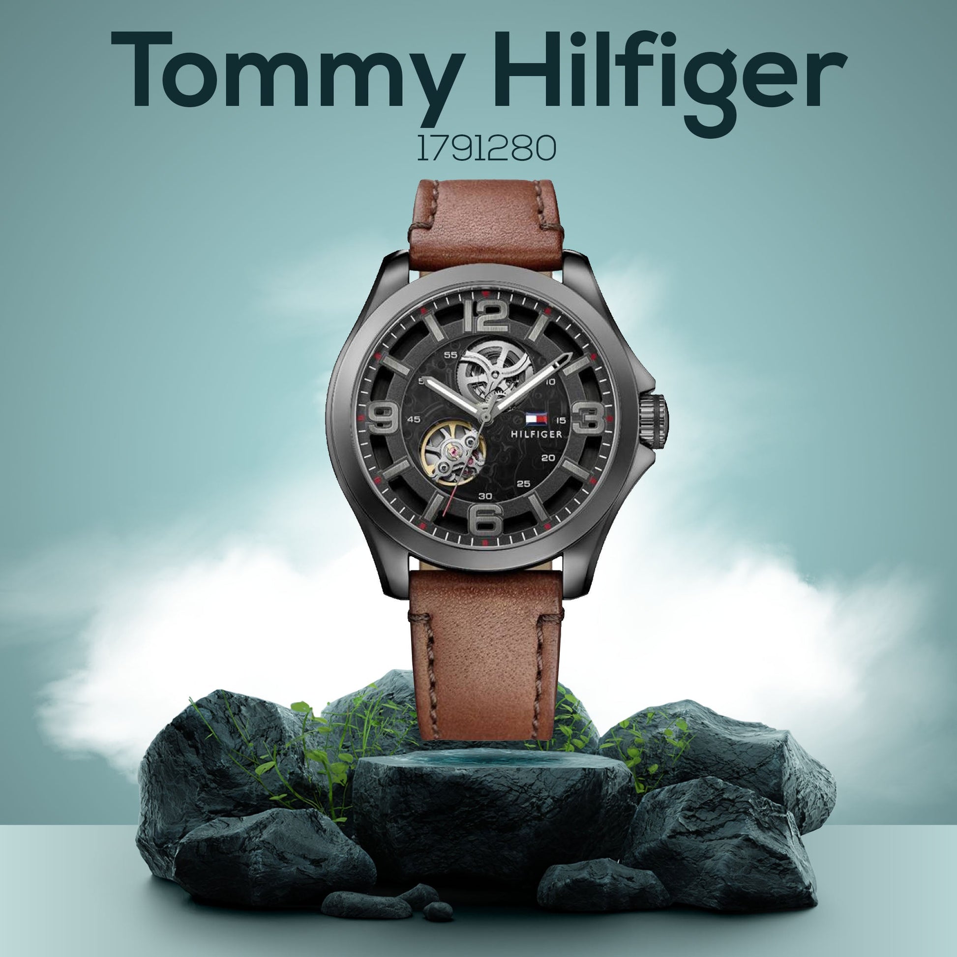 Tommy Hilfiger Bruce Automatic Black Dial Brown Leather Strap Watch for Men - 1791280