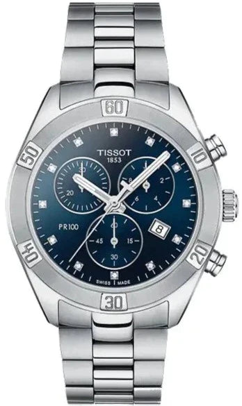 Tissot PR 100 Sport Chic Chronograph Diamonds Blue Dial Silver Steel Strap Watch for Women - T101.917.11.046.00