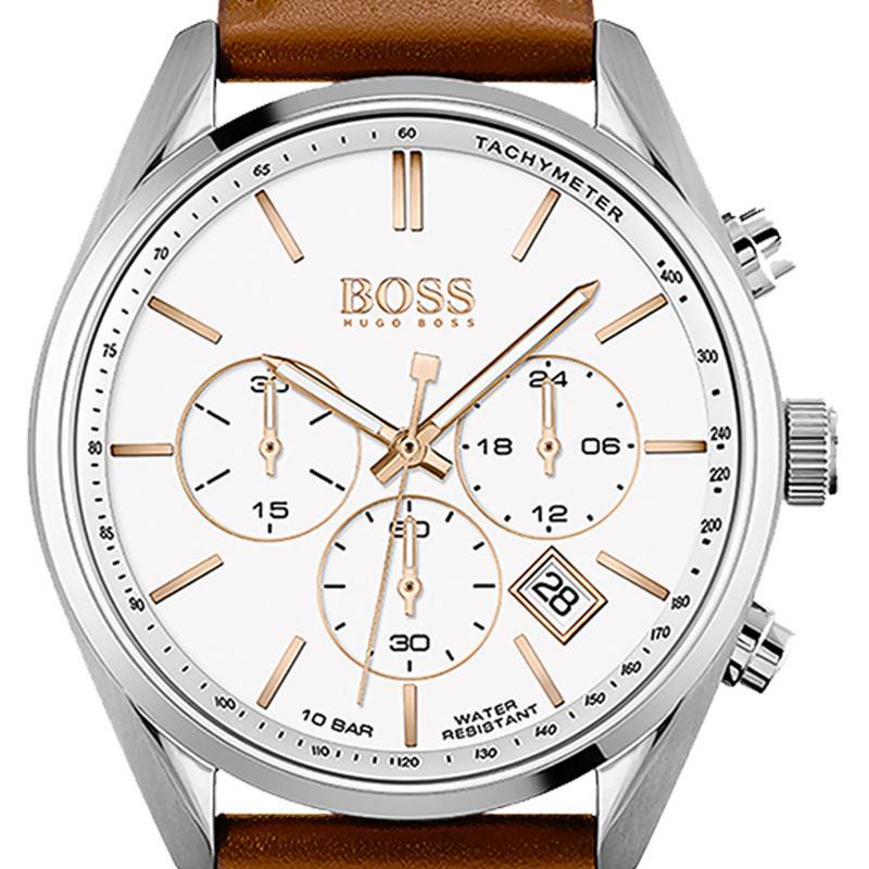 Hugo Boss Champion Chronograph White Dial Brown Leather Strap Watch for Men - 1513879