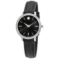 Movado Ultra Slim Black Dial Black Leather Strap Watch For Women - 0607094