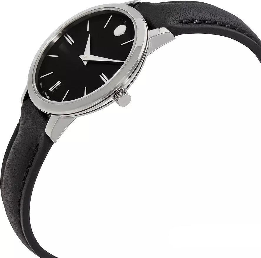 Movado Ultra Slim Black Dial Black Leather Strap Watch For Women - 0607094