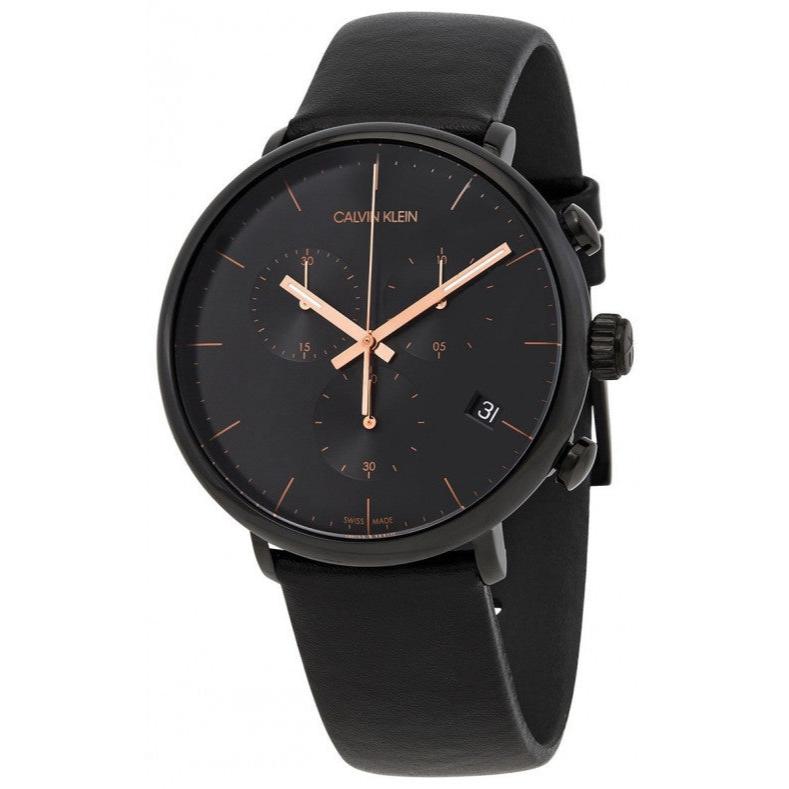 Calvin Klein High Noon Chronograph Black Dial Black Leather Strap Watch for Men - K8M274CB