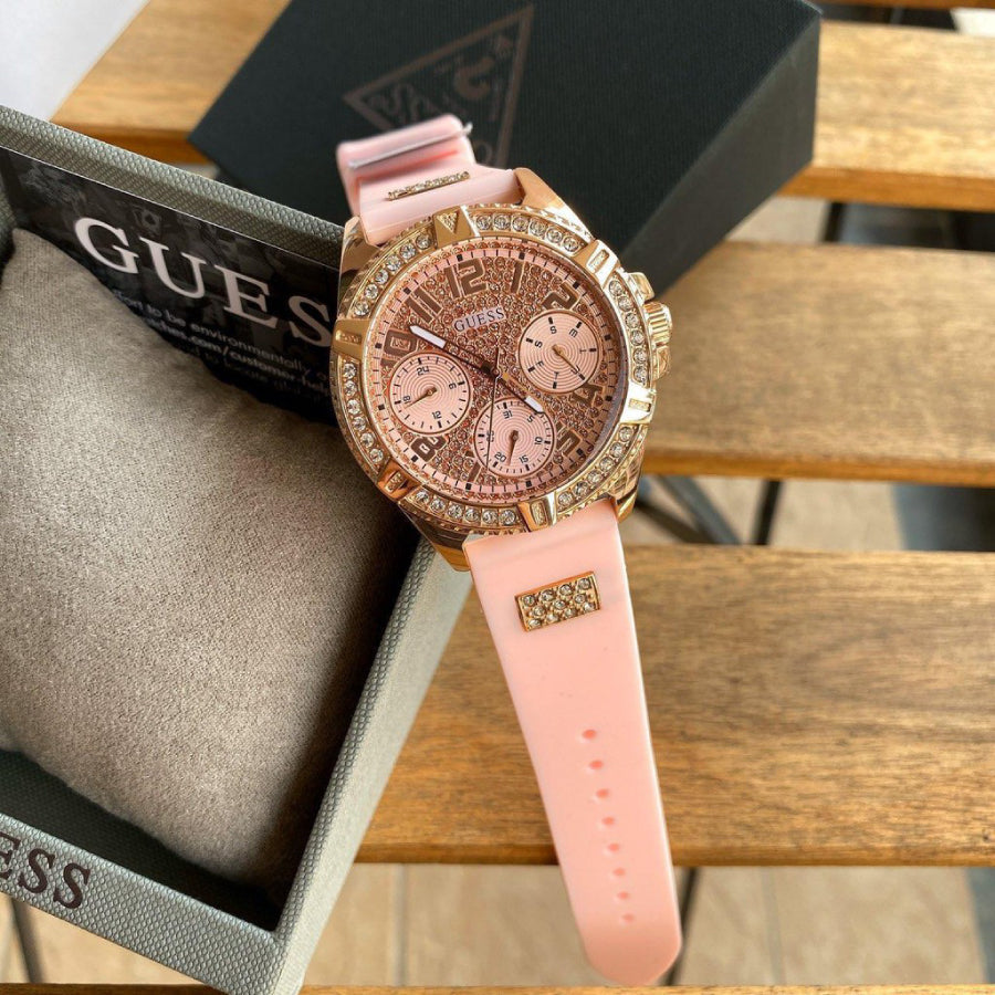 Guess Frontier Diamonds Rose Gold Dial Pink Rubber Strap Watch For Women - W1160L5