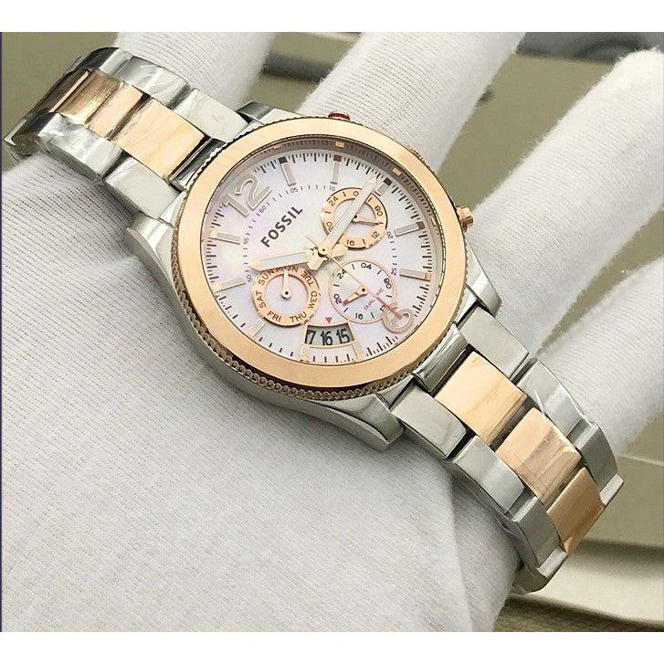 Fossil Perfect Boyfriend Mother of Pearl White Dial Two Tone Steel Strap Watch for Women - ES4135