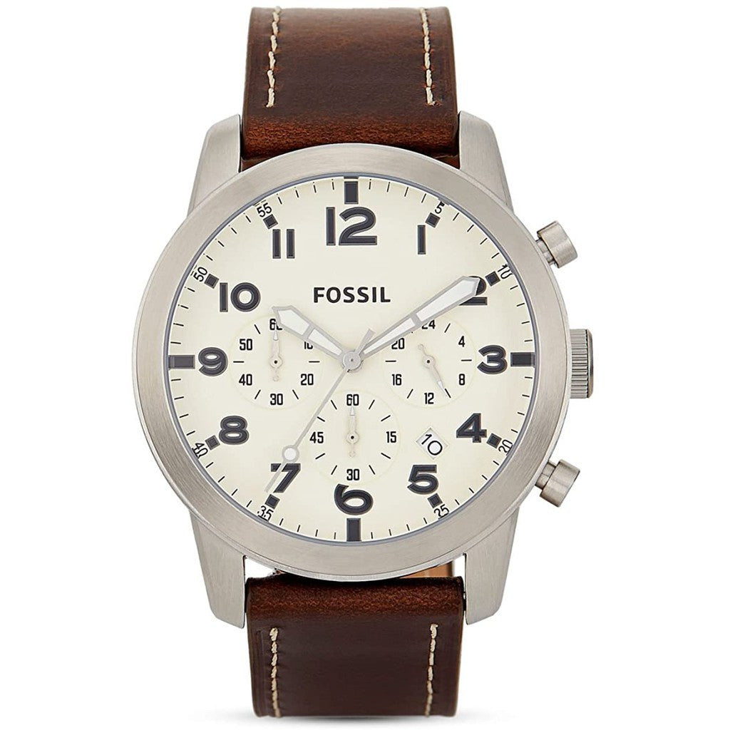 Fossil Pilot Chronograph White Dial Brown Leather Strap Watch for Men - FS5146