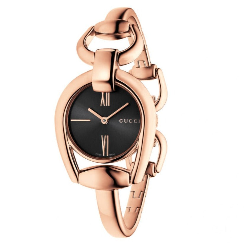 Gucci Horsebit Black Dial Rose Gold Steel Strap Watch For Women - YA139507