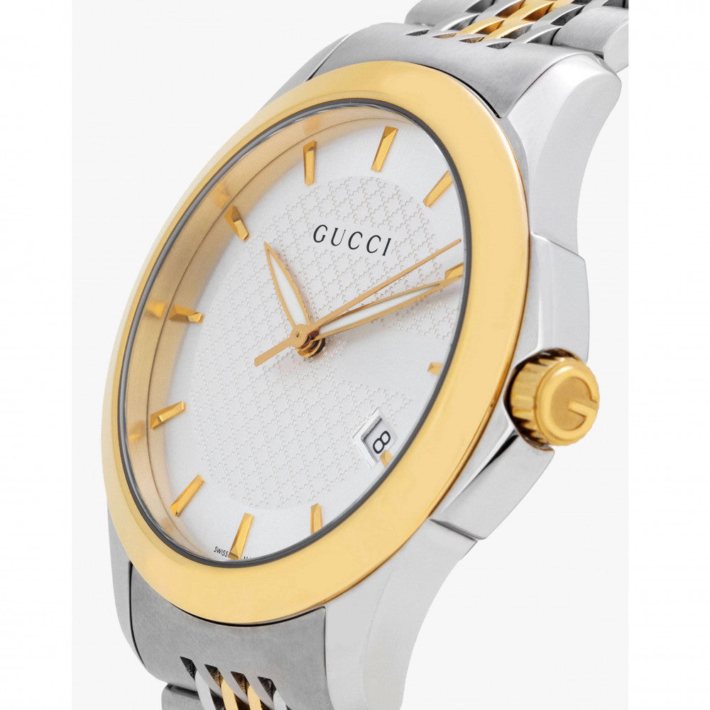 Gucci G Timeless Quartz Silver Dial Two Tone Mesh Bracelet Watch For Men - YA126409