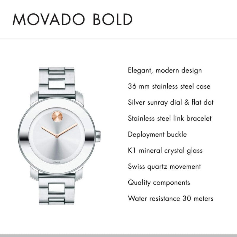 Movado Bold Silver Dial Silver Steel Strap Watch For Women - 3600084