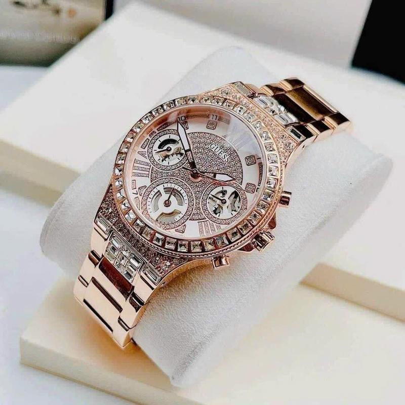 Guess Moonlight Multi Function Diamonds White Dial Rose Gold Steel Strap Watch for Women - GW0320L3