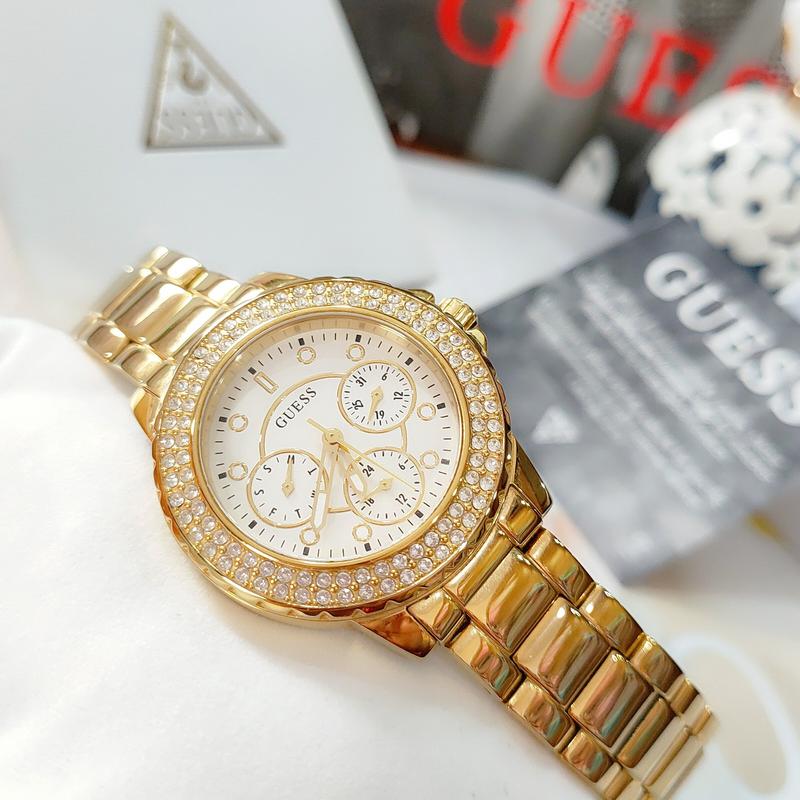 Guess Crown Jewel Diamonds White Dial Gold Steel Strap Watch for Women - GW0410L2