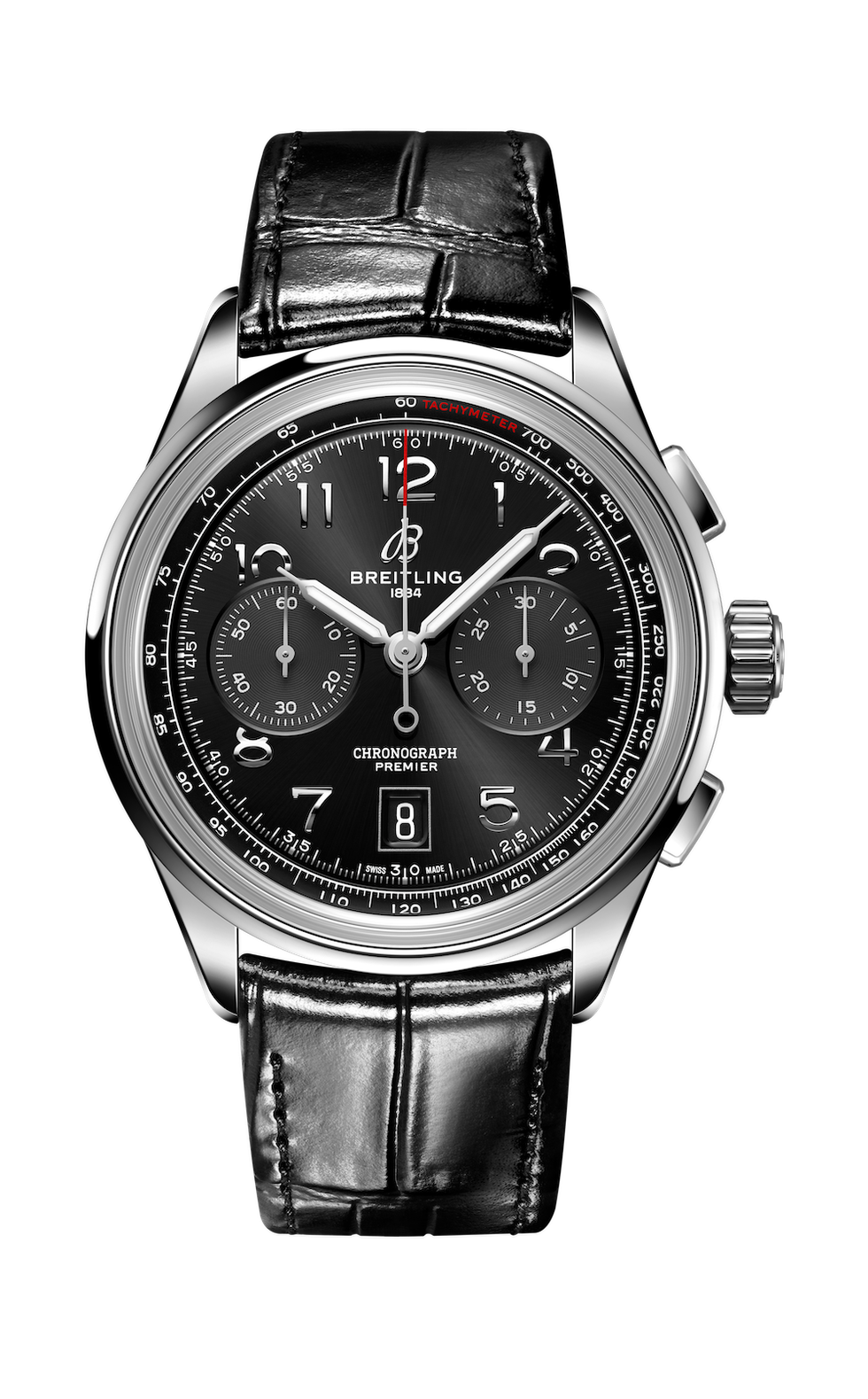 Breitling Premier B01 Chronograph 42 Black Dial Black Leather Strap Watch for Men - AB0145221B1P1