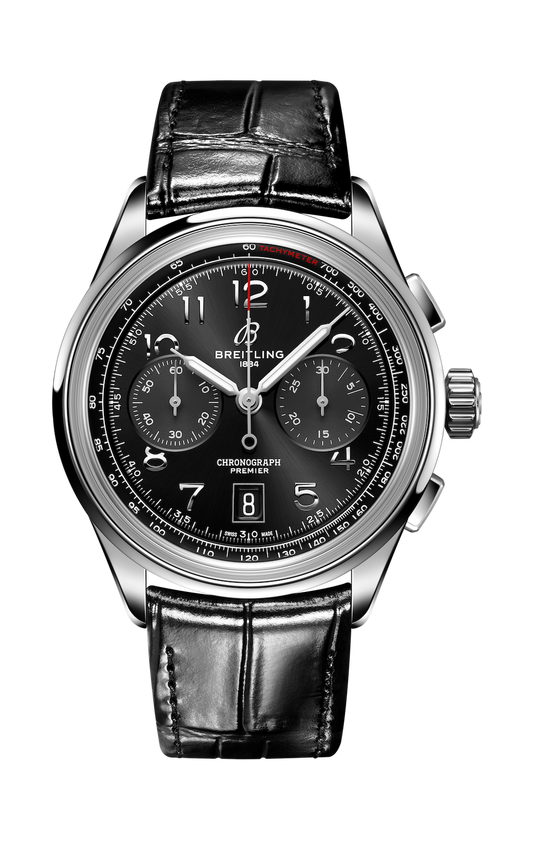 Breitling Premier B01 Chronograph 42 Black Dial Black Leather Strap Watch for Men - AB0145221B1P1